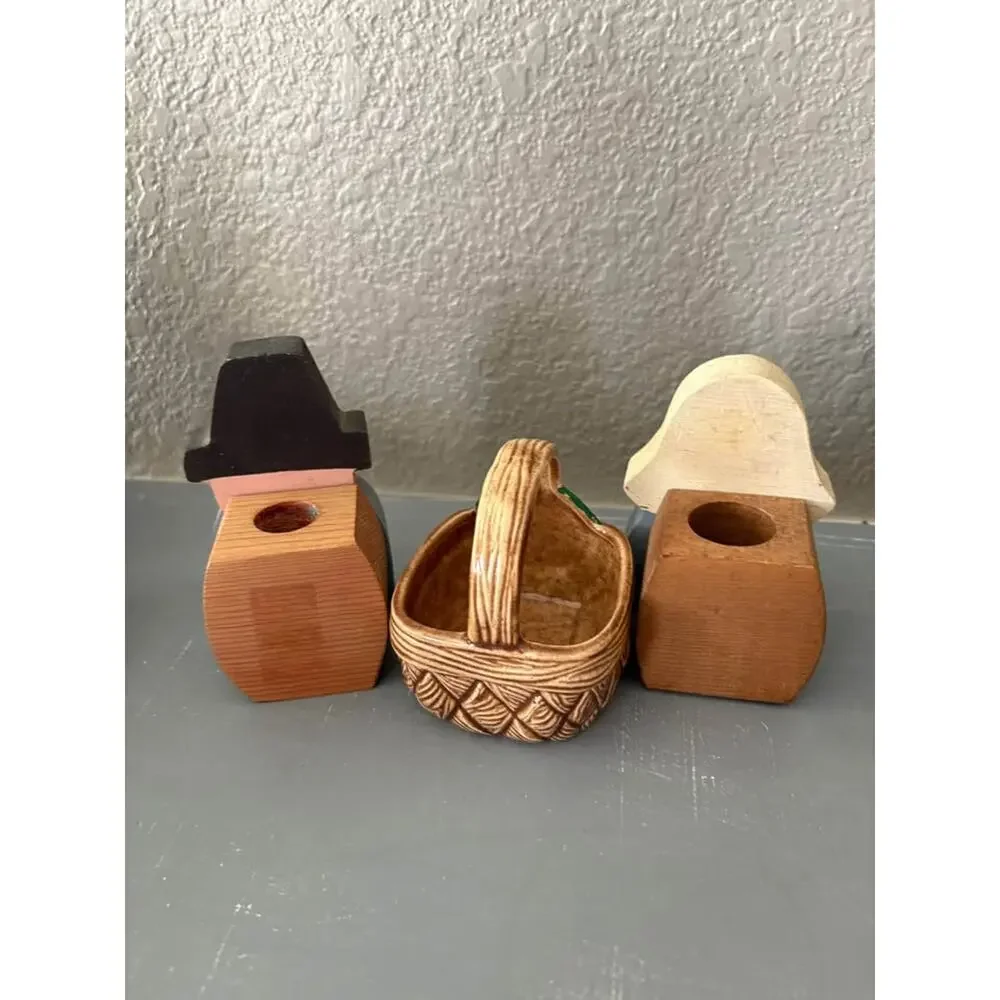 3 Thanksgiving decorations 2 wood carved pilgrim figurines candle holders basket